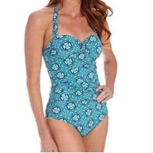 Spanx Assets One Piece Fiesta Blue Patterned Bathing Suit Swimsuit Sz XL
